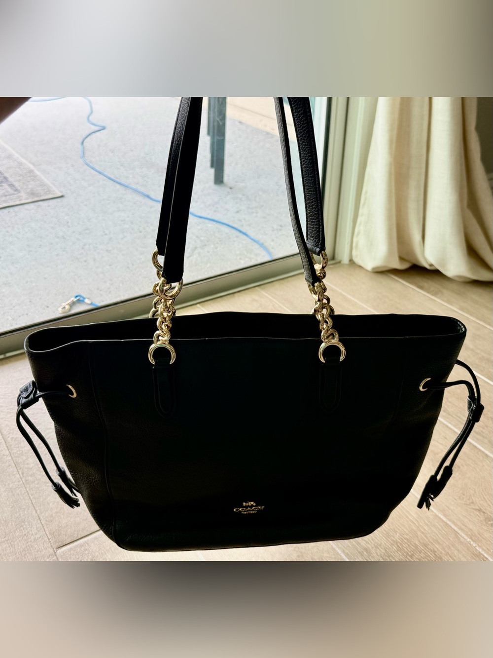 Coach Black Leather Tote with Gold Chain-Accent Straps